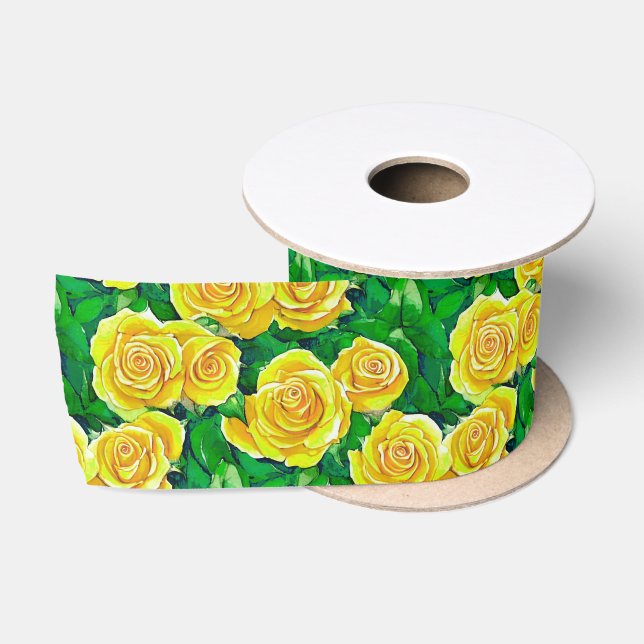 Yellow Watercolor Rose Pattern Satin Ribbon (Spool)