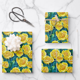 Yellow Watercolor Rose Pattern Wrapping Paper Sheet
