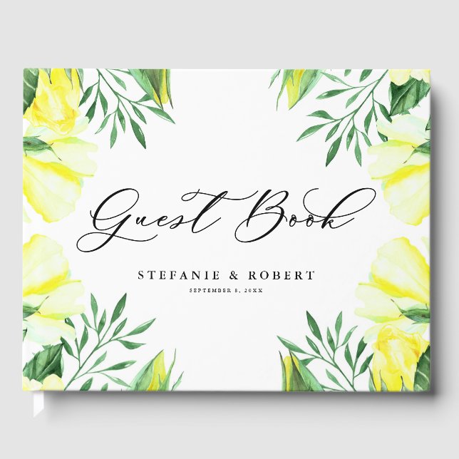 Yellow Watercolor Roses and Peonies Wedding Guest Book (Front)