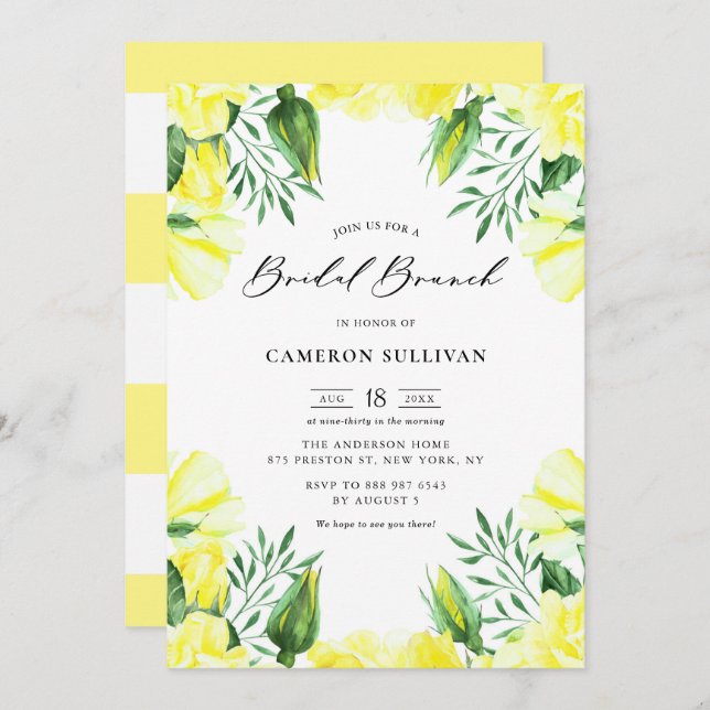 Yellow Watercolor Roses Garland Bridal Brunch Invitation (Front/Back)