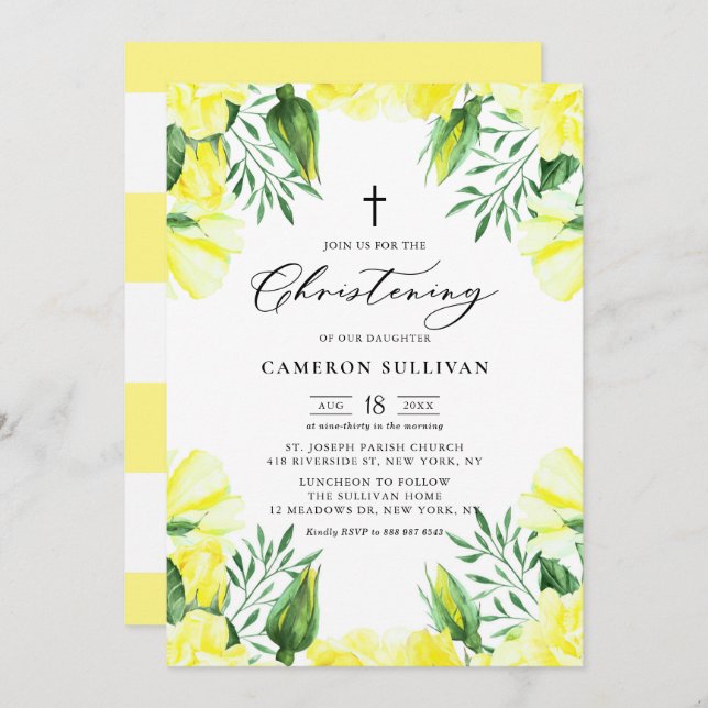 Yellow Watercolor Roses Garland Summer Christening Invitation (Front/Back)