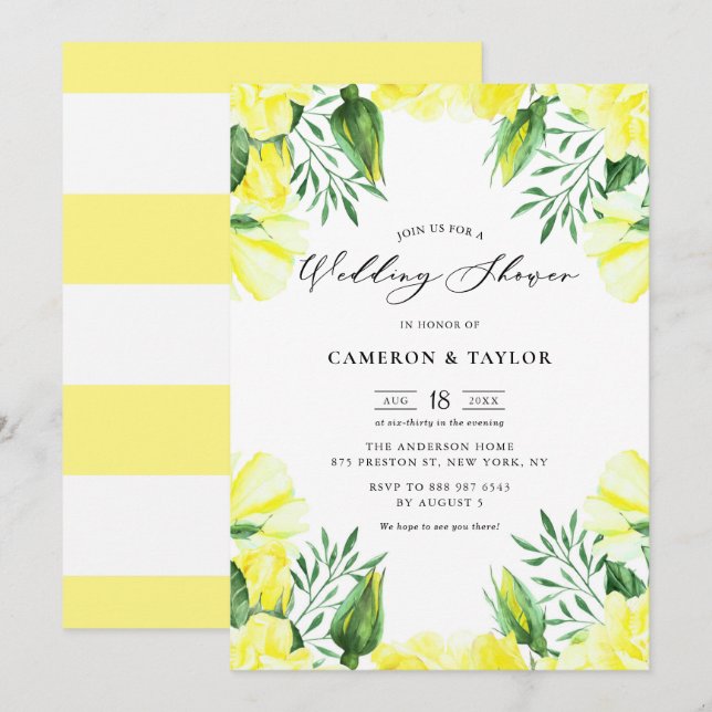 Yellow Watercolor Roses Garland Wedding Shower Invitation (Front/Back)