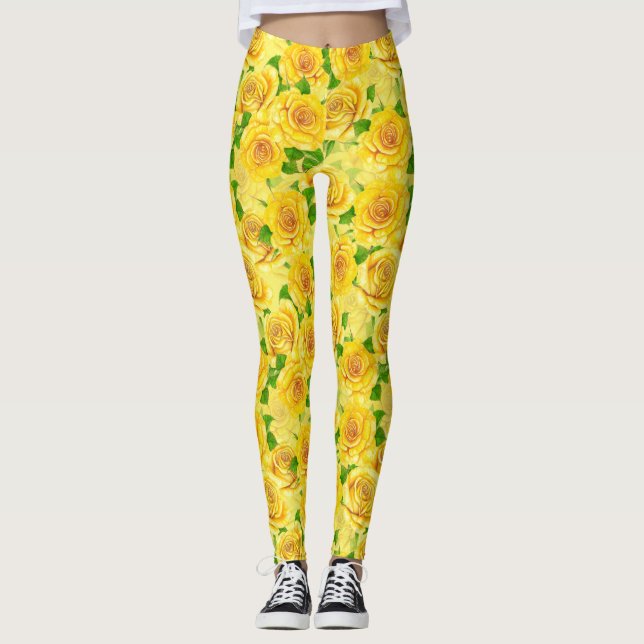 Yellow watercolor roses pattern leggings (Front)