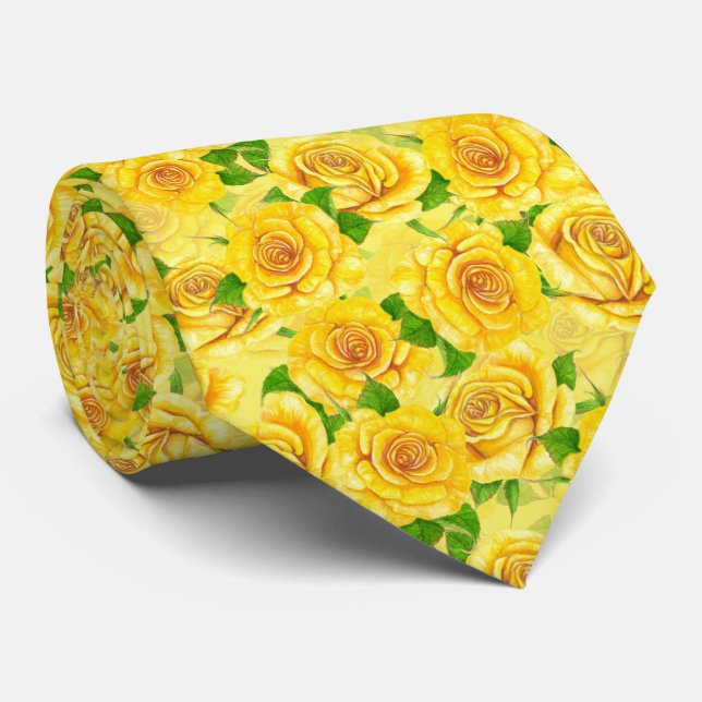 Yellow watercolor roses pattern neck tie (Rolled)