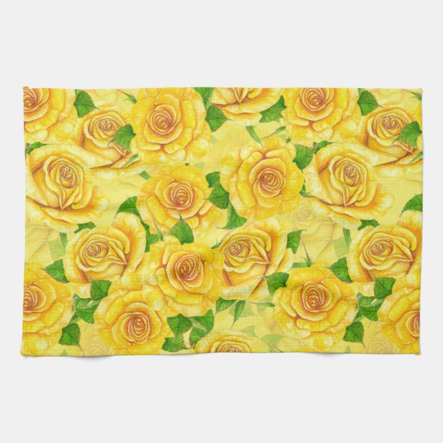 Yellow watercolor roses pattern tea towel (Horizontal)