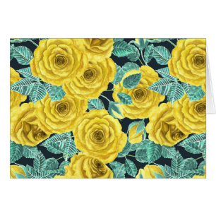 Yellow watercolor roses with leaves and buds patte