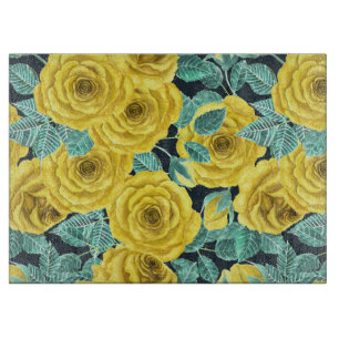 Yellow watercolor roses with leaves and buds patte cutting board
