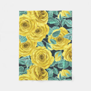 Yellow watercolor roses with leaves and buds patte fleece blanket