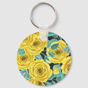 Yellow watercolor roses with leaves and buds patte key ring