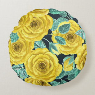 Yellow watercolor roses with leaves and buds patte round cushion