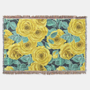 Yellow watercolor roses with leaves and buds patte throw blanket