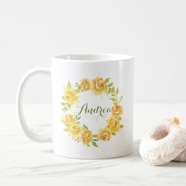 Yellow Watercolor Summer Flowers Wreath Script Coffee Mug (With Donut)