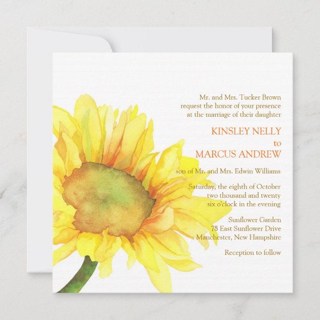 Yellow Watercolor Sunflower Floral Wedding Invitation (Front)