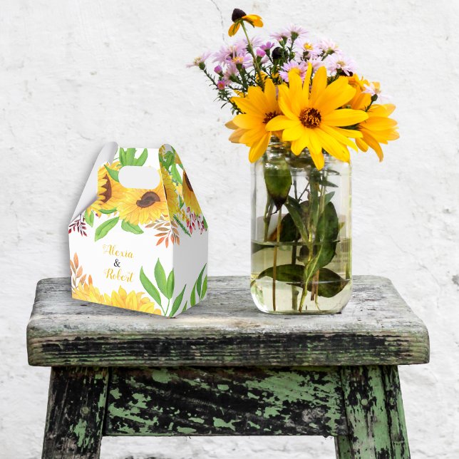 Yellow watercolor sunflowers and leaves wedding favour box (Creator Uploaded)