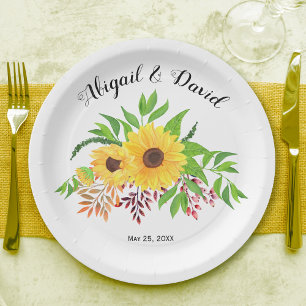 Yellow watercolor sunflowers fall leaves wedding paper plate