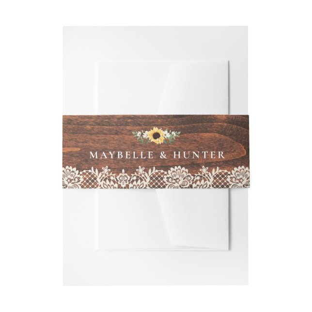 Yellow Watercolor Sunflowers Lace & Wood Wedding Invitation Belly Band (Front Example)