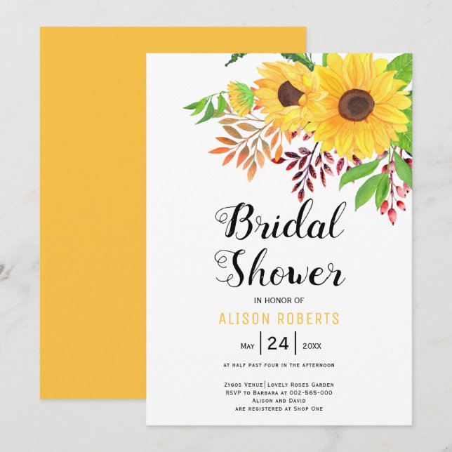 Yellow watercolor sunflowers wedding bridal shower invitation (Front/Back)