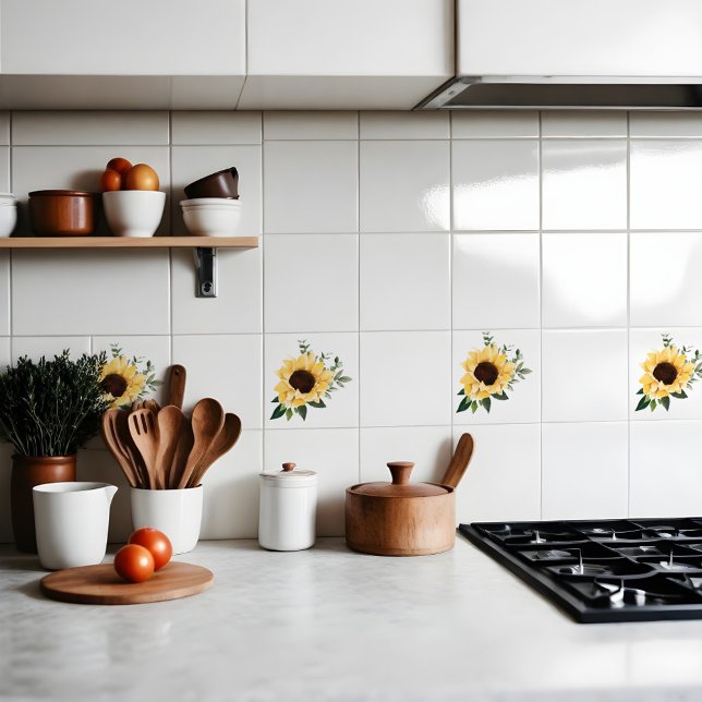 Yellow Watercolor Sunflowers & Wildflower Design Ceramic Tile (Yellow Watercolor Sunflowers & Wildflower Design Ceramic Tile)