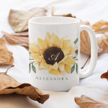Yellow Watercolor Sunflowers & Wildflower Monogram Coffee Mug<br><div class="desc">Elegant country style sunflower custom coffee mug. Our design features our hand-painted watercolor golden yellow sunflowers, white cream florals, and natural greenery arranged to create this elegant country-style arrangement. Our floral yellow sunflowers wrap around the coffee mug. Customise with your name and monogram. All flowers are hand-painted by Moodthology Papery....</div>
