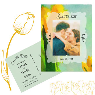 Yellow Watercolor Tulips Wedding Photo Save Date Postcard