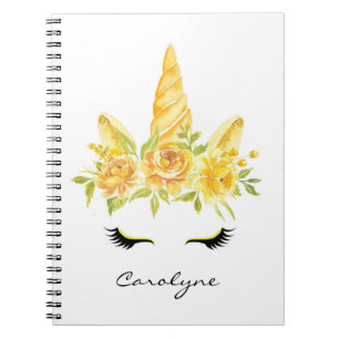 Yellow Watercolor Unicorn Floral Personalized Notebook