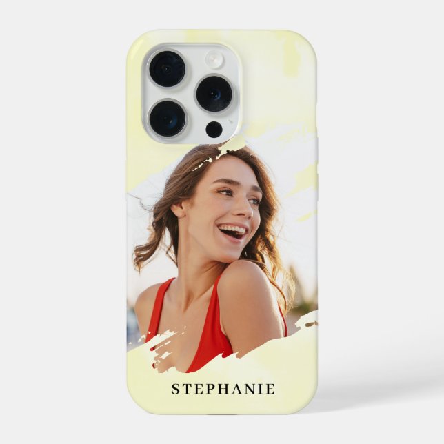 Yellow Watercolor Wash Personalized Photo and Name iPhone Case (Back)