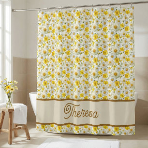 Yellow Watercolor Wildflower Monogram Name Shower Curtain