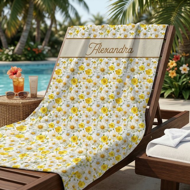 Yellow Watercolor Wildflower Pattern Name Beach Towel (Creator Uploaded)