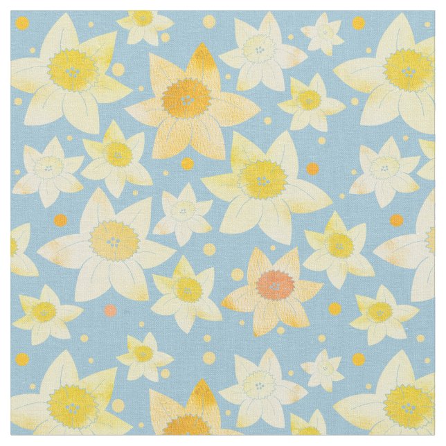 Yellow Watercolour Daffodil & Dots Pattern Fabric (Close Up)