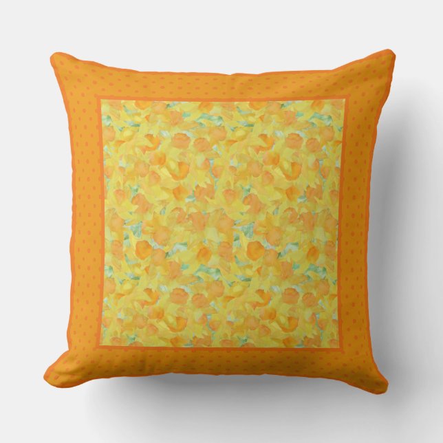 Yellow Watercolour Daffodils and Polka Dots Cushion (Front)