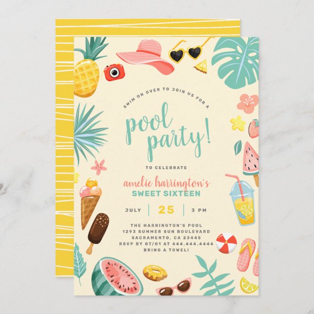 Yellow | Watermelon Pineapple Tropical Pool Party Invitation (Front/Back)