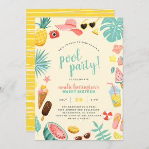 Yellow   Watermelon Pineapple Tropical Pool Party Invitation