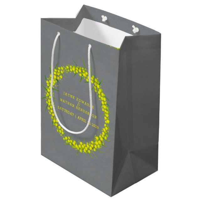 Yellow wattle acacia grey wedding gift bag (Back Angled)