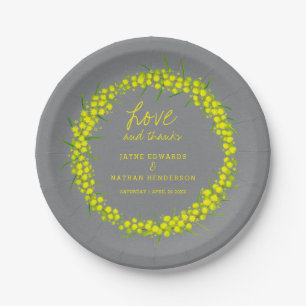 Yellow wattle flower watercolor art grey wedding paper plate
