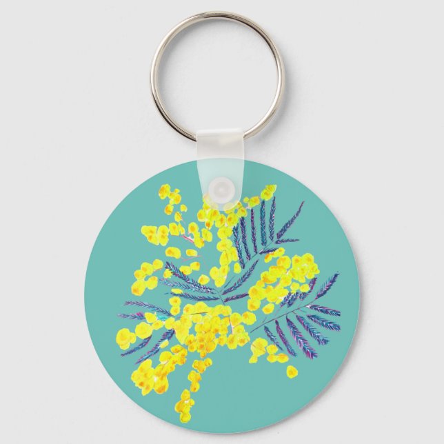 Yellow Wattle Mimosa Australian flower art Key Ring (Front)