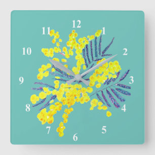 Yellow Wattle Mimosa Australian flower art Square Wall Clock