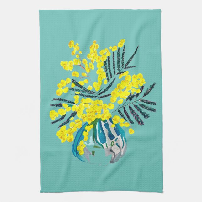 Yellow Wattle Mimosa Australian flower art Tea Towel (Vertical)