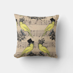 Yellow Wedding French Birds Pillow On Music Sheet
