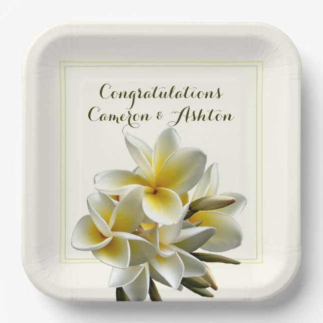 Yellow Wedding Plumeria Flowers Congrats  Paper Plate (Front)