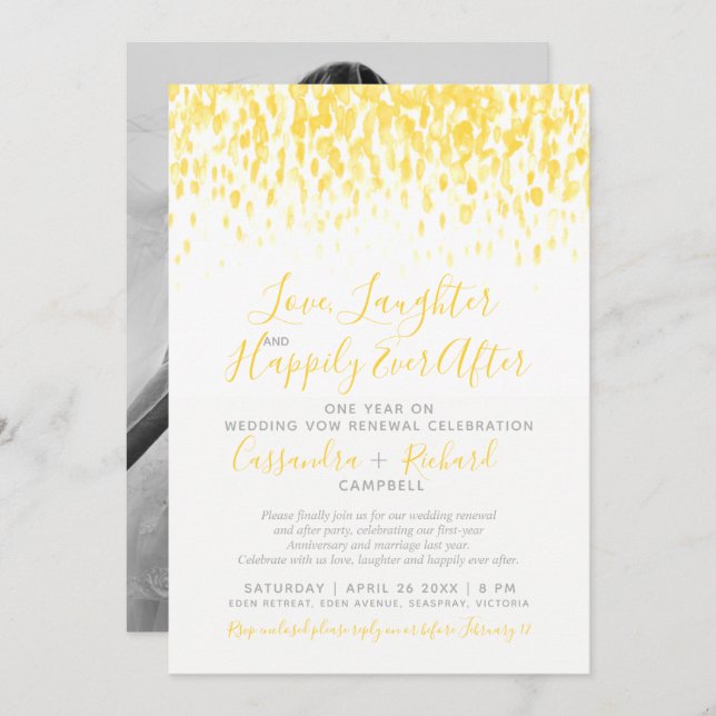 Yellow wedding vow renewal 1 year on happily after invitation (Front/Back)