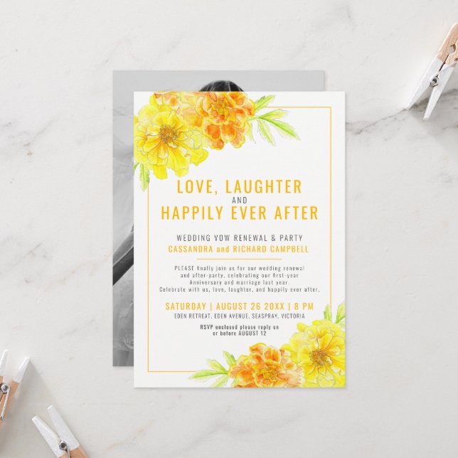 Yellow wedding vow renewal and party happily after invitation (Front/Back In Situ)