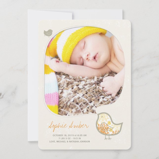 Yellow Whimsical Chick Photo Birth Announcement (Front)