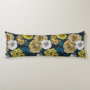 Yellow, white and bi-colour roses with blue leaves body cushion