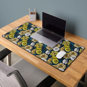 Yellow, white and bi-colour roses with blue leaves desk mat