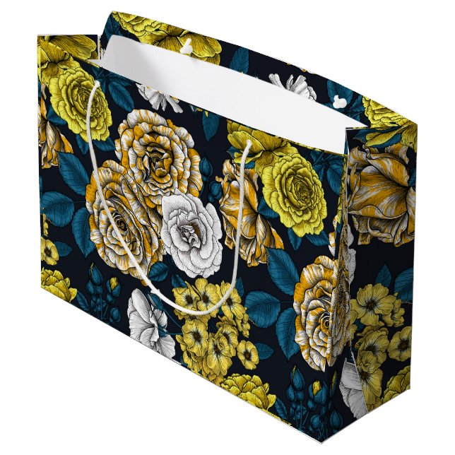 Yellow, white and bi-colour roses with blue leaves large gift bag (Back Angled)