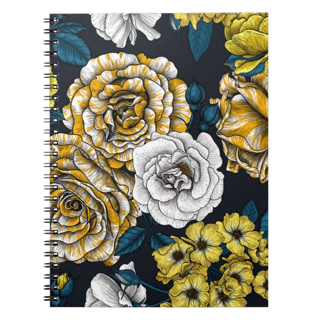 Yellow, white and bi-colour roses with blue leaves notebook (Front)