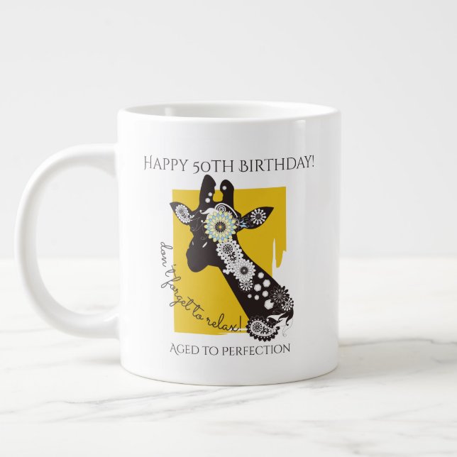Yellow White and Black Funky Cool Giraffe Birthday Large Coffee Mug (Left)