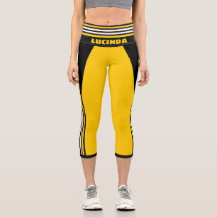 Yellow White and Black Racing Stripe Name Template Capri Leggings