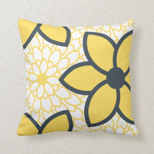 Yellow, White and Charcoal Modern Floral Cushion