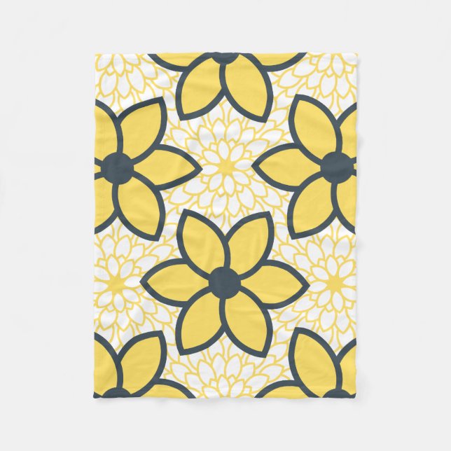 Yellow, White and Charcoal Modern Floral Fleece Blanket (Front)